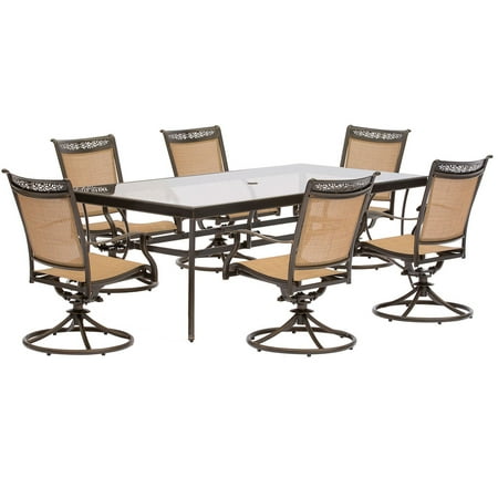 Hanover Fontana 7-Piece Outdoor Dining Set with Swivel Rockers and Glass-Top Table