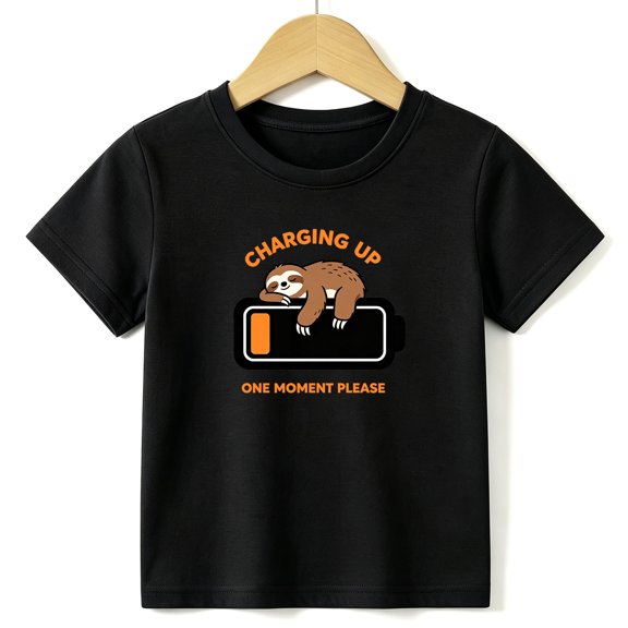 Boys Graphic Tees Charging Sloth Battery Kids T Shirt Funny Animal 100% Cotton Short Sleeve Soft Tops 4-13Y Black