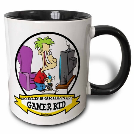 

3dRose Funny Worlds Greatest Gamer Kid Cartoon - Two Tone Black Mug 11-ounce