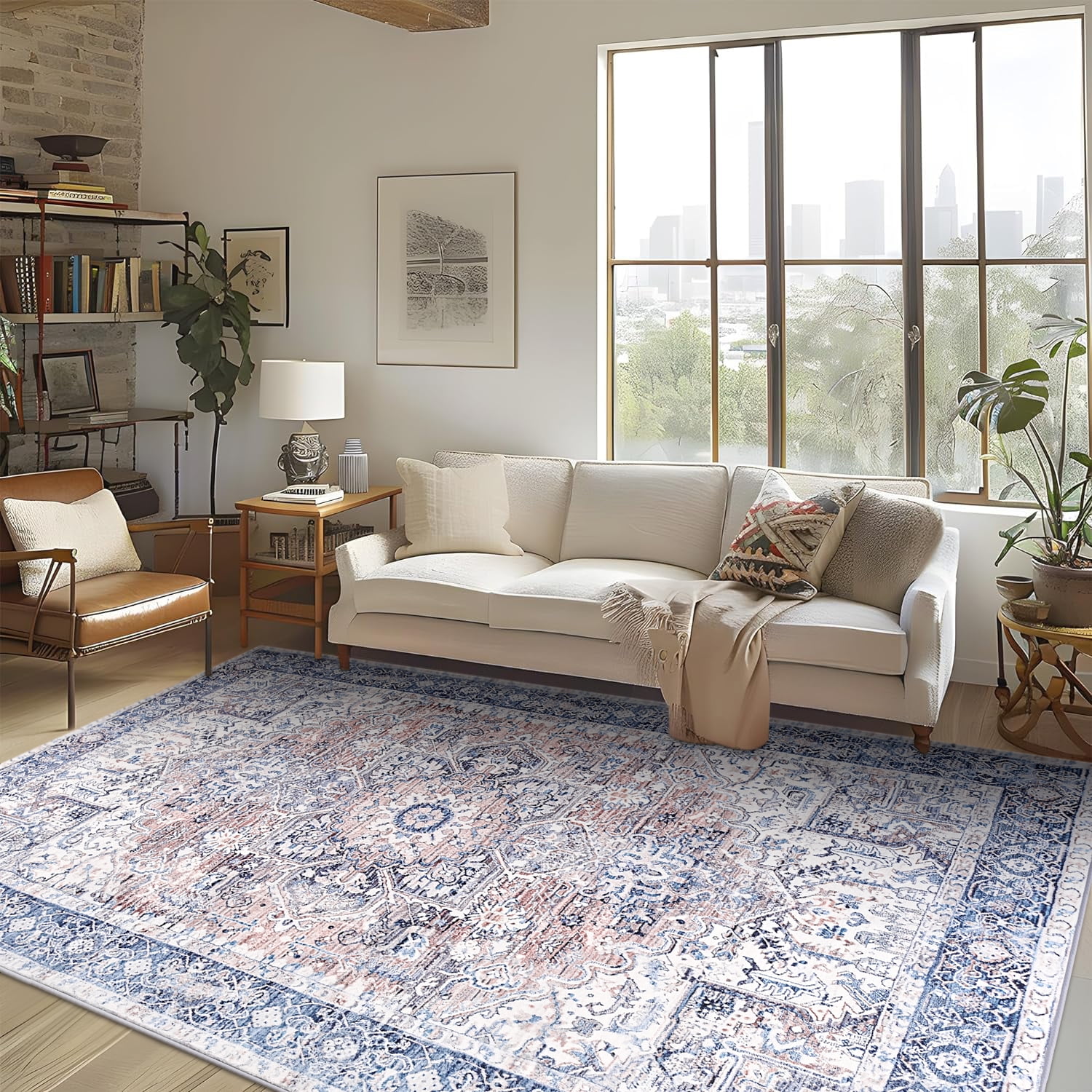 Lochas Vintage Accent Rugs Distressed Print Area Rug Low Pile Carpet for Living Room Bedroom Home Decor,Blue,8'x10'