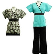 Medgear - Women's Aqua Flower Print Top and Aqua/Black Contrast, 3-Piece Combo Pack, Small