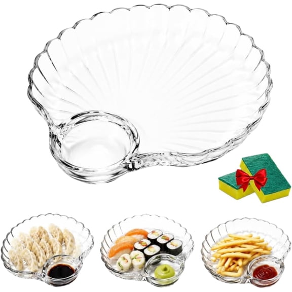 2026 New Glass Shell Dumpling Tray with Sauce Plate,Clear Glass Serving Platter, Multifunctional and High-Capacity for Dumplings, Sushi, Snacks, Fruit, Desserts and Salad (1pcs)