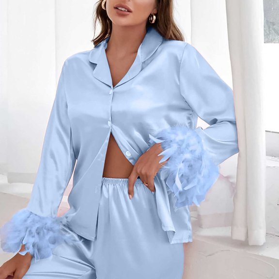 YMNXA Women Pajamas Set Long Sleeve Lapel Buttons Solid Color Patchwork Tops And Pants Comfortable Soft Sleepwear Outfits For Daily Wear Bu1 L