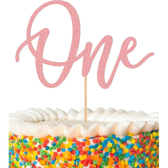 First Birthday Cake Topper - Glitter Pink 'One' Sign, Suitable for Shower Favors, Gender Reveal, Party or Photo Booth Props