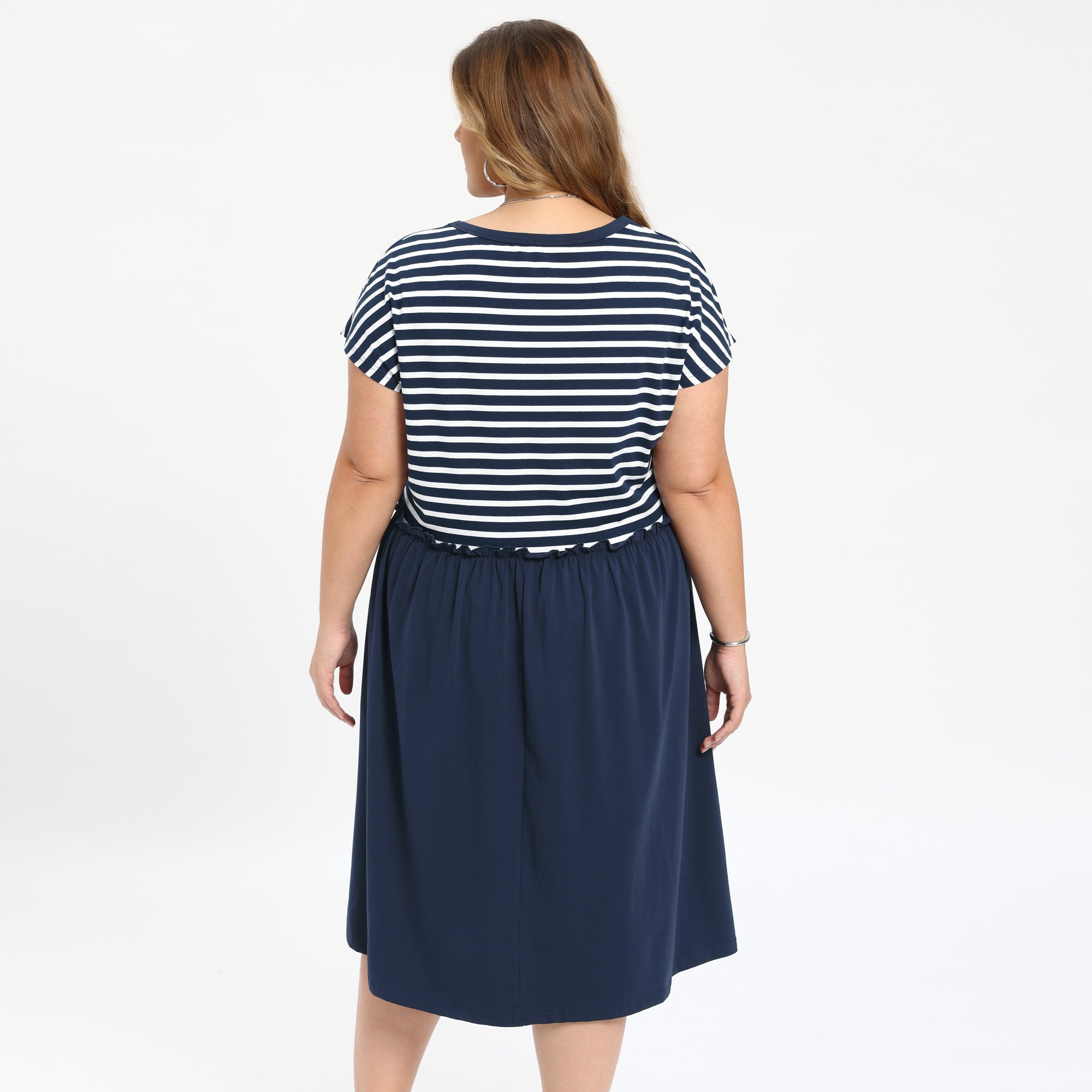 DARING DIVA Women's Plus Casual Midi A-Line and Striped Dress 1X Navy Blue