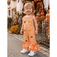 thumbnail image 4 of BemeyourBBs Toddler Baby Girls Halloween Outfit Baby Girl Summer Fall Clothes Plaid Gingham Romper Overalls Pumpkin Ghost Embroidery Sleeveless Ruffle Bow Flare Pants Bell Bottom Jumpsuit, 4 of 7