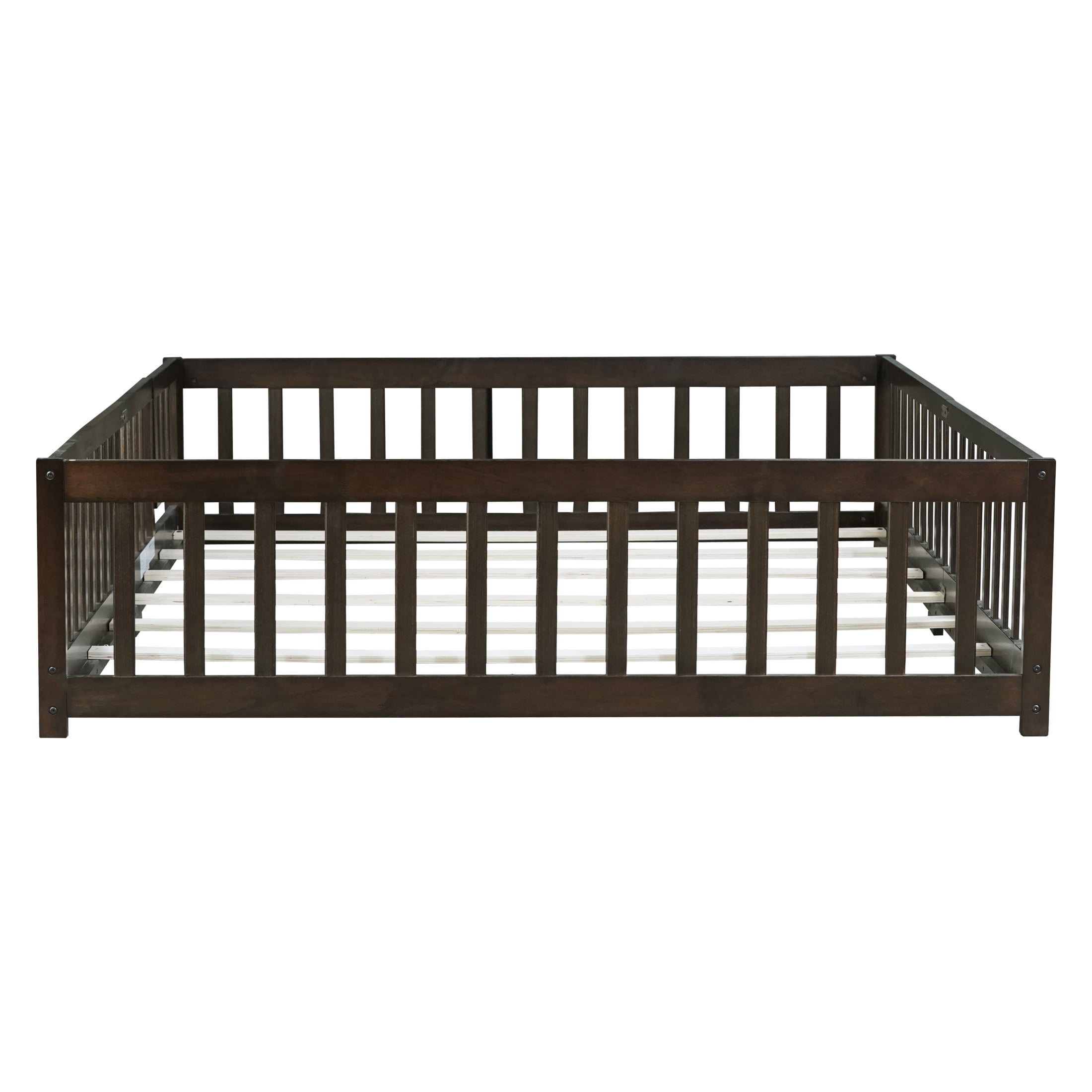 Noble House Corvel Queen Size Rubber Wooden Floor Bed with Safety Guardrails & Latching Fence Door, Espresso
