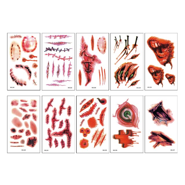 Halloween Temporary Tattoos - 30 Sheets Realistic Wound Scars, Bloodstains, and Injury Tattoos