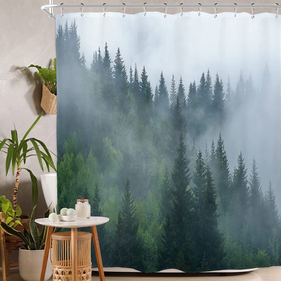 Forest Shower Curtain Men 72Wx72H Foggy Mountain Pine Tree Woodsy Cloudy Masculine Landscape Green Nature Rustic Scenic Woodland Misty Rainforest Waterproof Polyester Fabric Bathroom Bathtub
