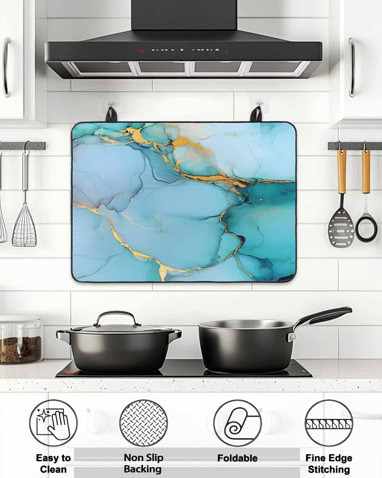 Stove Top Covers for Electric Stove, Teal Marble Glass Stovetop Cover Protector, Modern Ink Painting Luxury Modern Art Induction Cooktop Protector Oven Mat for Kitchen Countertop 24"x21"