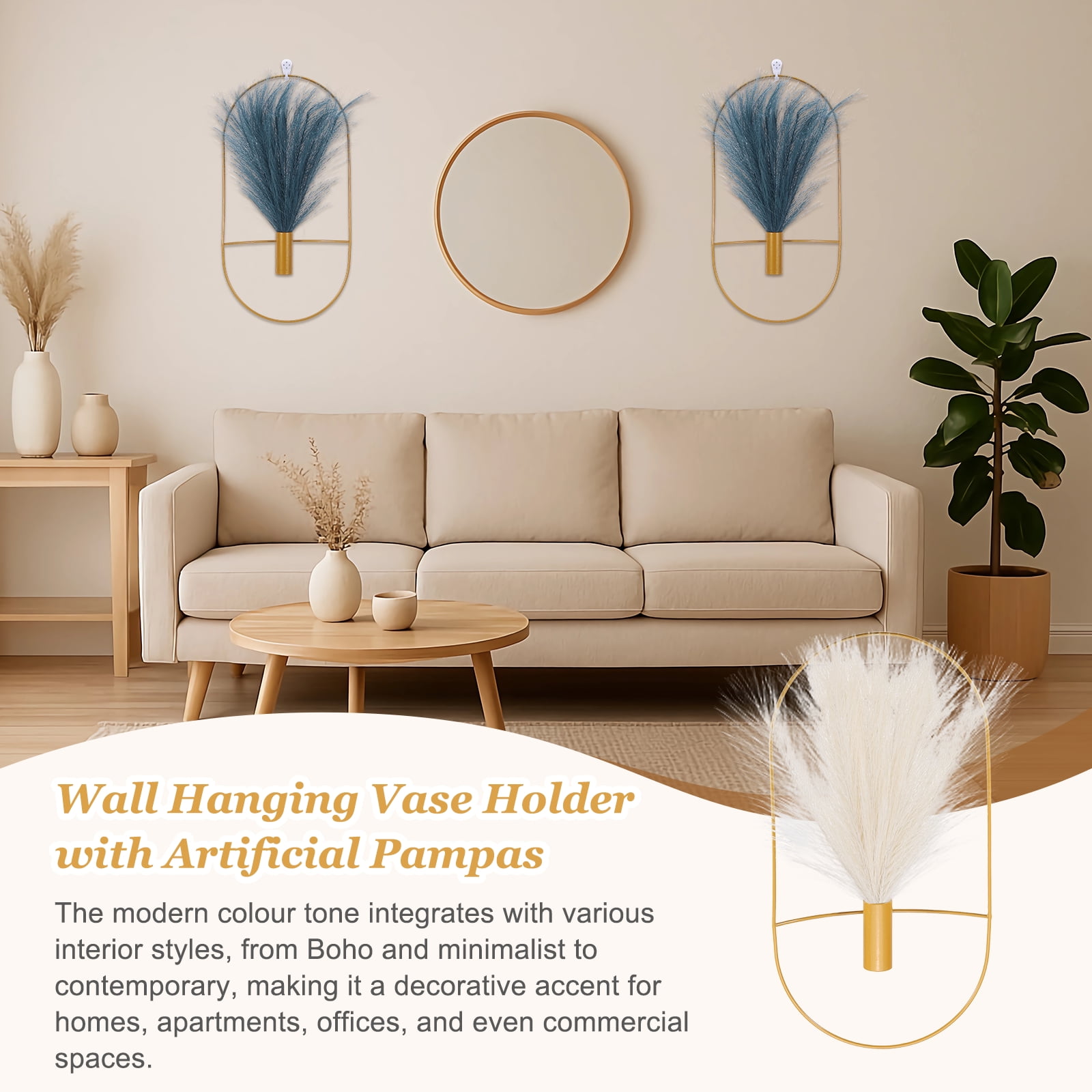 Uxcell 4 Pcs Wall Decor Metal Gold Wall Art Hanging Planters with Artificial Pampas, Wall-mounted Decor Metal for Display Artwork Plant Hanging Living Room Bedroom, Beige (Oval)