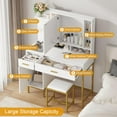 thumbnail image 3 of BeesClover Makeup Vanity with Power Outlet, Vanity Desk with Mirror and Lights, Makeup Vanity Table with 2 Drawers, 9 Open Shelves& 2 Cabinets, Dressing Table with Cushioned Stool for Bedroom, 3 of 6
