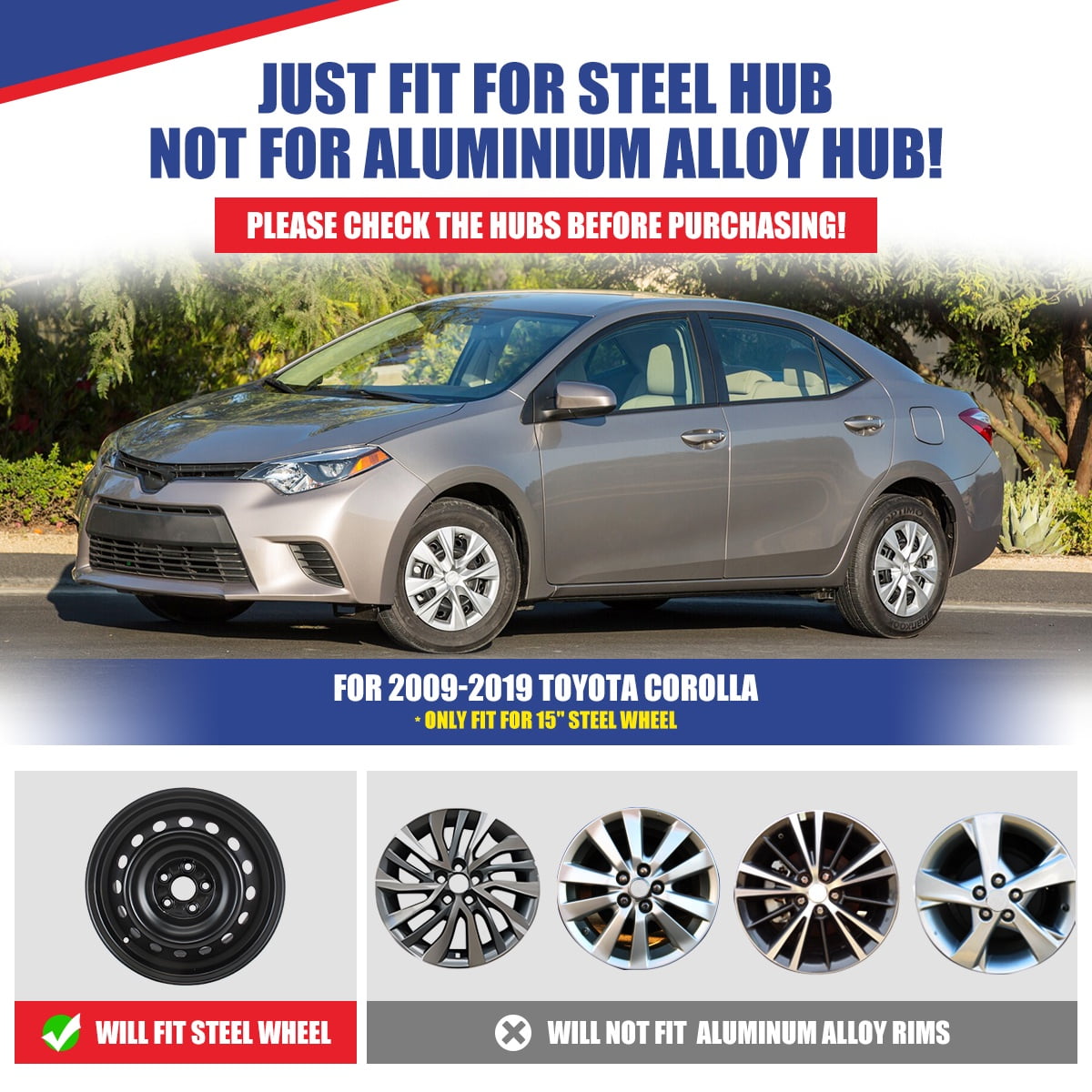 15" Set Of 4 Hubcaps Wheel Rims Cover for 2009-2019 TOYOTA COROLLA Compatible With Steel Wheels Snap On Installation(15-Inch,LACQUER)