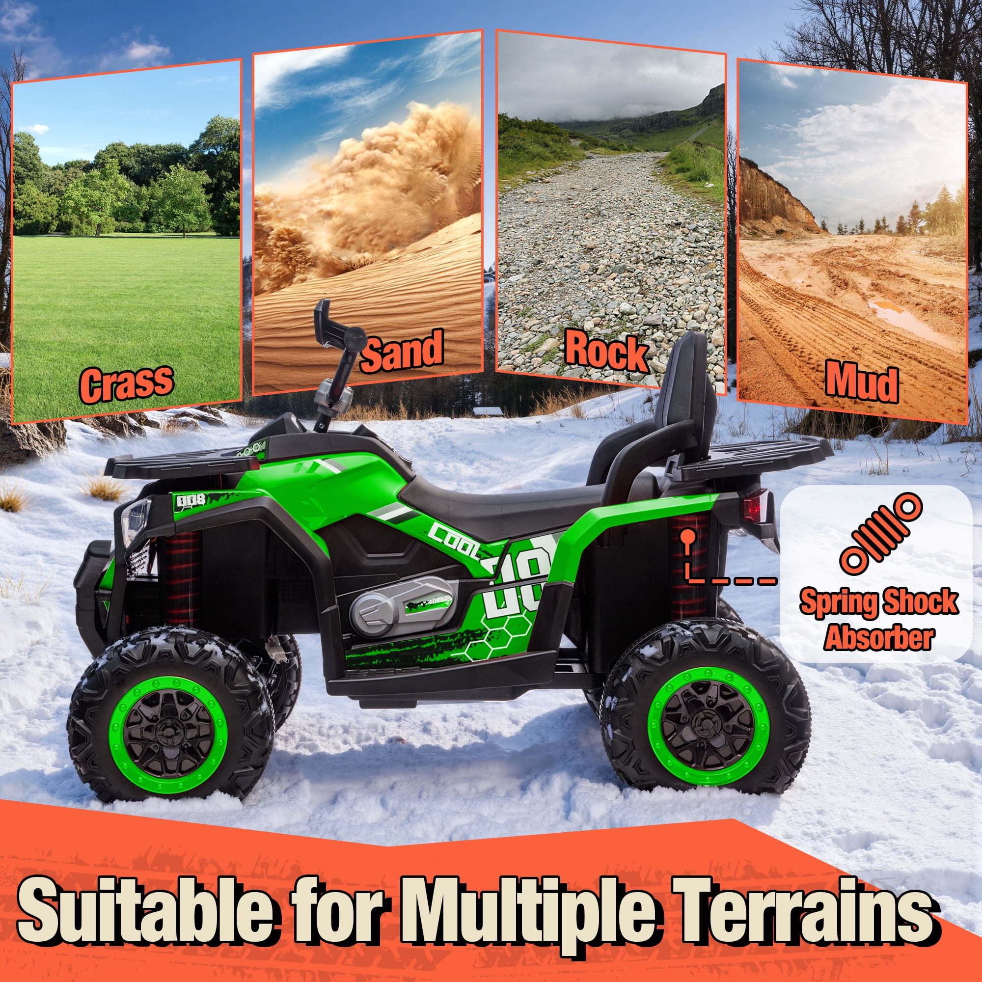 Joyracer 24V 4x4 Kids ATV Electric 4-Wheeler with Leather 2-Seater, 24 Volt Ride on Toys for Big Kids w/ Kneepads, 4x200W Motors, Bluetooth Music, Green