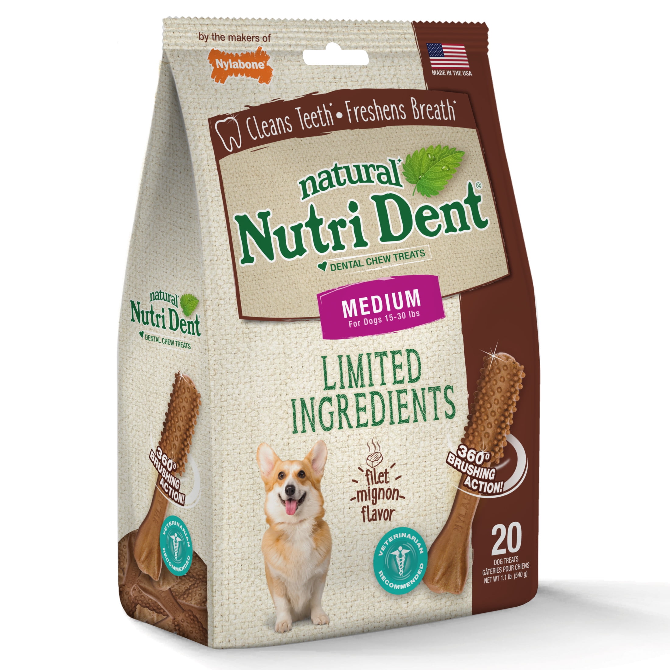 Nylabone Nutri Dent Natural Dental Chews for Dogs, Limited Ingredient Dog Treats, Teeth Cleaning Dental Sticks for Dogs, Filet Mignon Flavor, For Medium Dogs (20 Count)