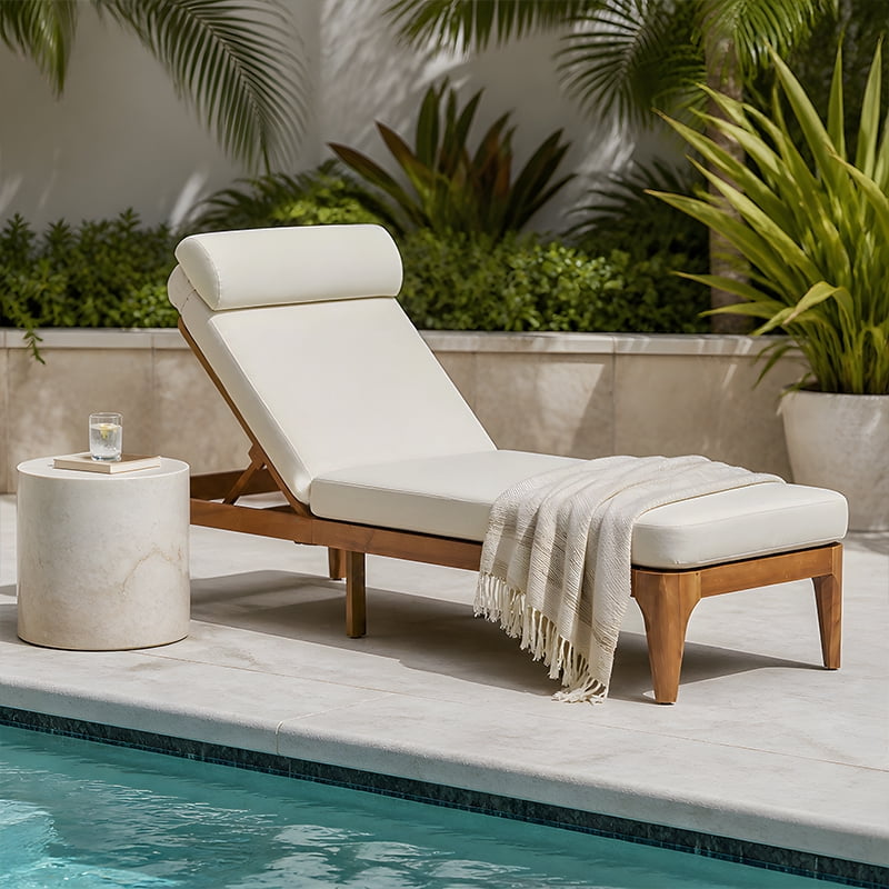 Mintazer Outdoor Chaise Lounge Chair with Removable Cushion & Head Pillow, Patio Recliner with 4 Gear Adjustable Recliner & Anti-Slip Feet for Poolside Backyard, Natural & Beige