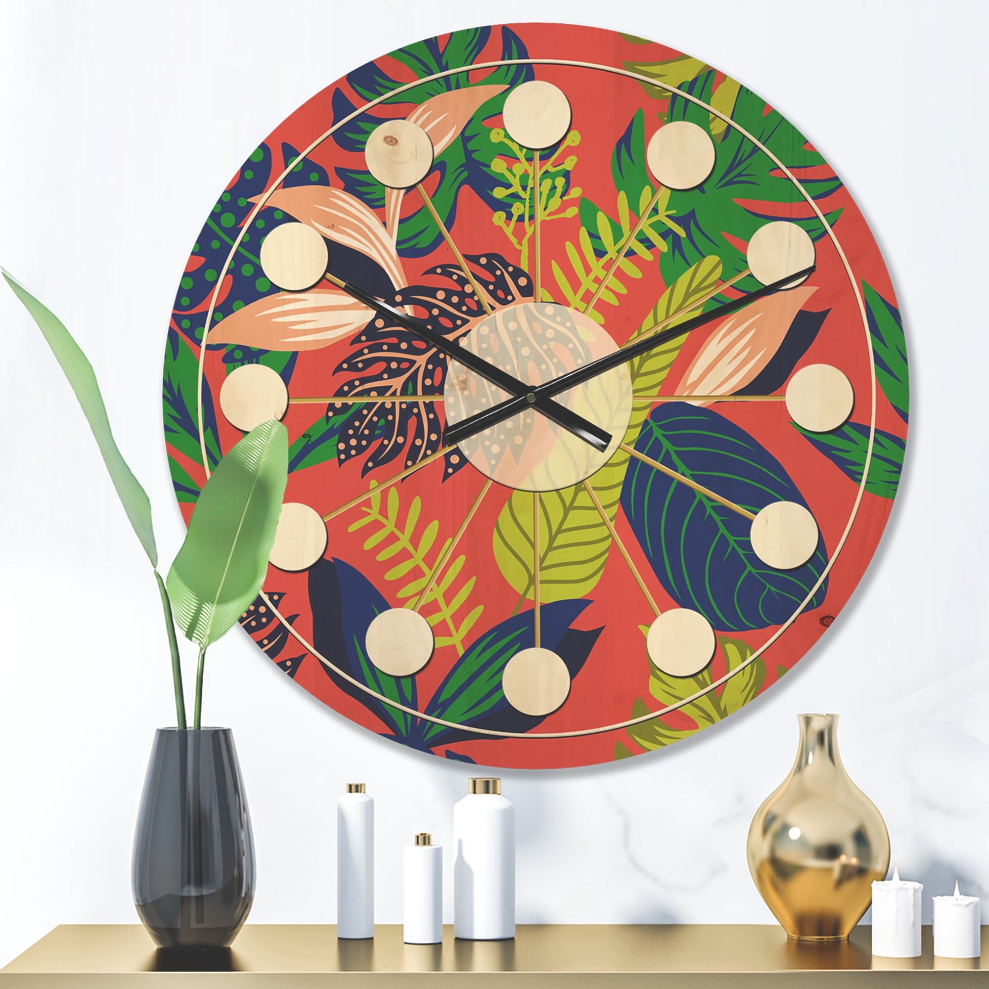 Designart 'Tropical Leaves Retro Pattern I' Mid-Century Modern Wood Wall Clock