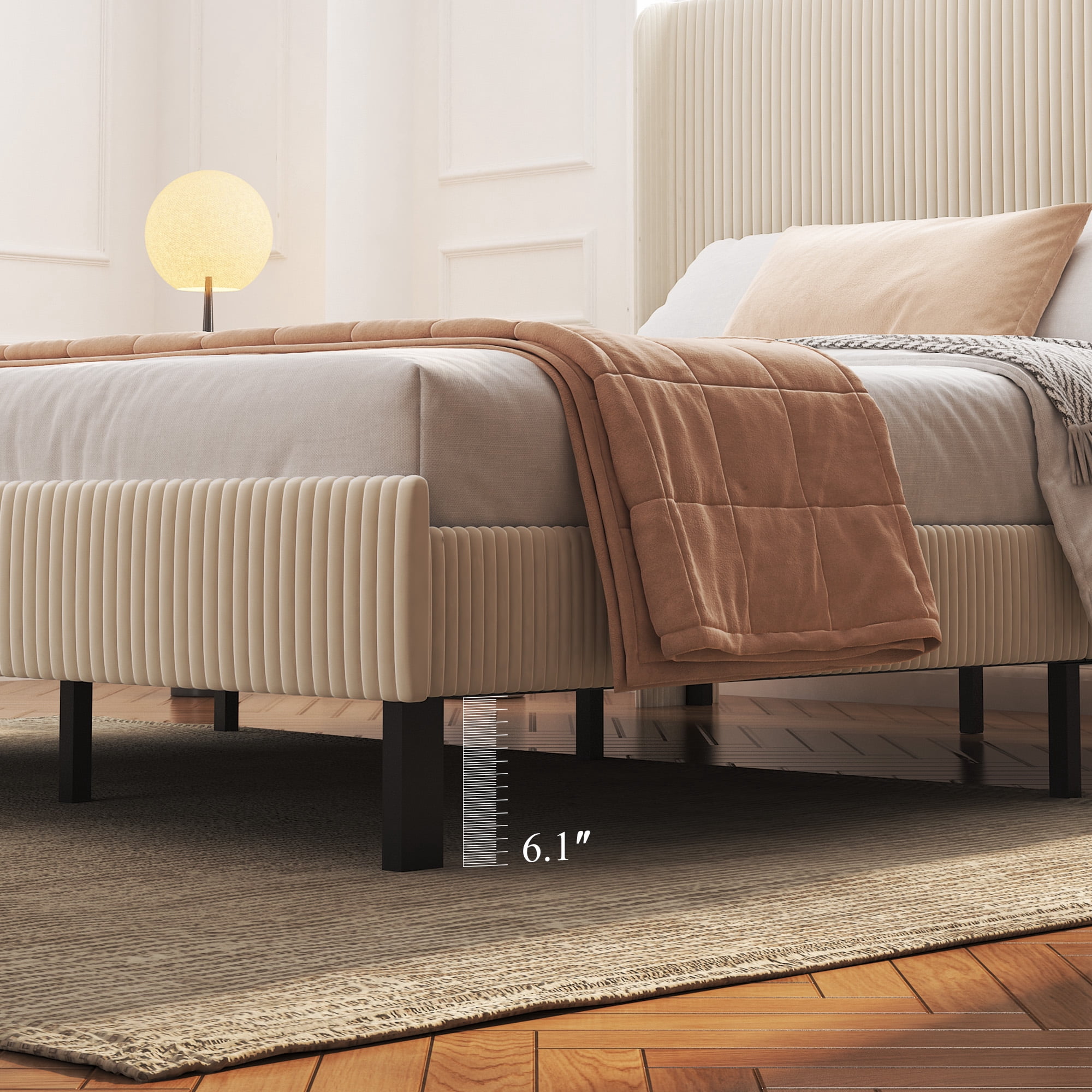 Miniyam Full Size Upholstered Platform Bed with Storage Headboard, USB Ports for Adult, Beige