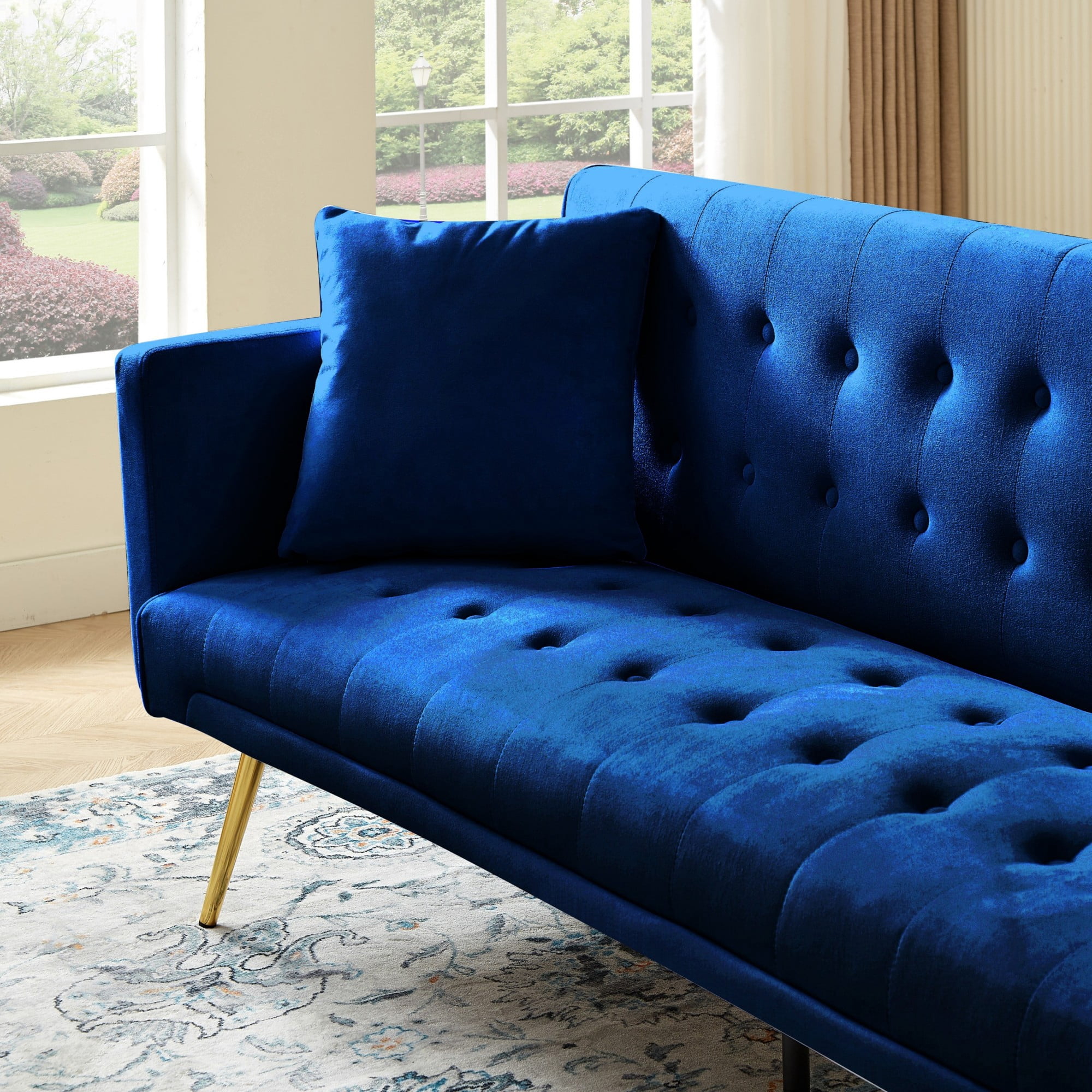 Leumius Velvet Futon Sofa Bed,Adjustable Convertible Folding Sleeper Couch Bed for Compact Living Spaces,Blue 02