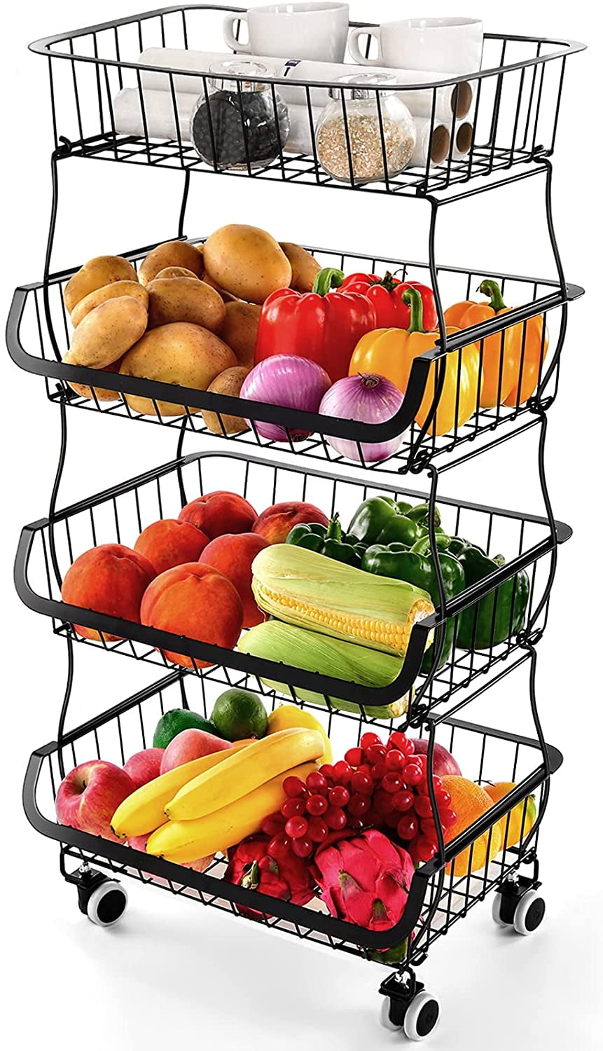 BAJYOJI Fruit Vegetable Storage Basket, 4 Tier Stackable Metal Wire