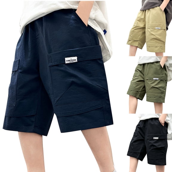 Shorts for Boys Summer Casual Loose Cargo Shorts with Pockets Solid Color Trendy Knee Length Outdoor Shorts for Everyday Wear
