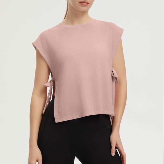 SAWOBUUN Womens Side Tie Cropped Tank Tops Summer Oversized Sleeveless Casual Loose Fit Boxy Basic Tees
