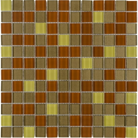 MTO0377 Modern 1X1 Stacked Squares Brown Red Yellow Glossy Glass Mosaic