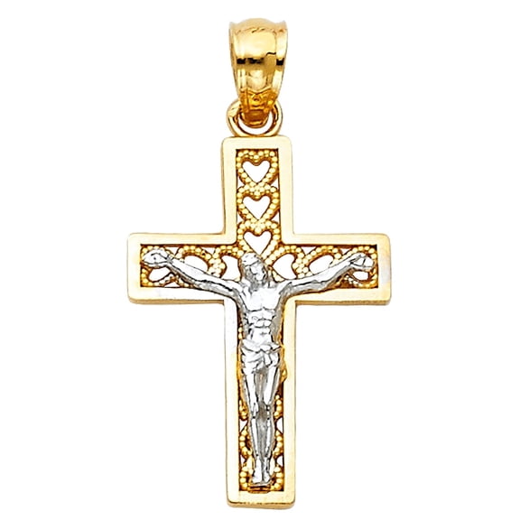 14K Two Tone Gold Religious Jesus Crucifix Cross Pendant | 2T Gold Charm Pendant for Necklace Chain | Jewelry Gift for Men Women | 21 x 14 MM | 1.2 grams