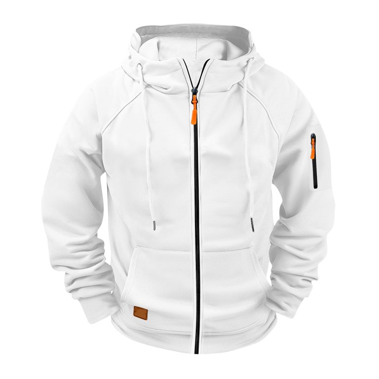 White Jacket Men Zip Up Hooded Jacket Fall Winter Pocket Long