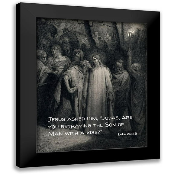 ArtsyQuotes 12x14 Black Modern Framed Museum Art Print Titled - Bible Verse Quote Luke 22:48, Gustave Dore - The Judas Kiss