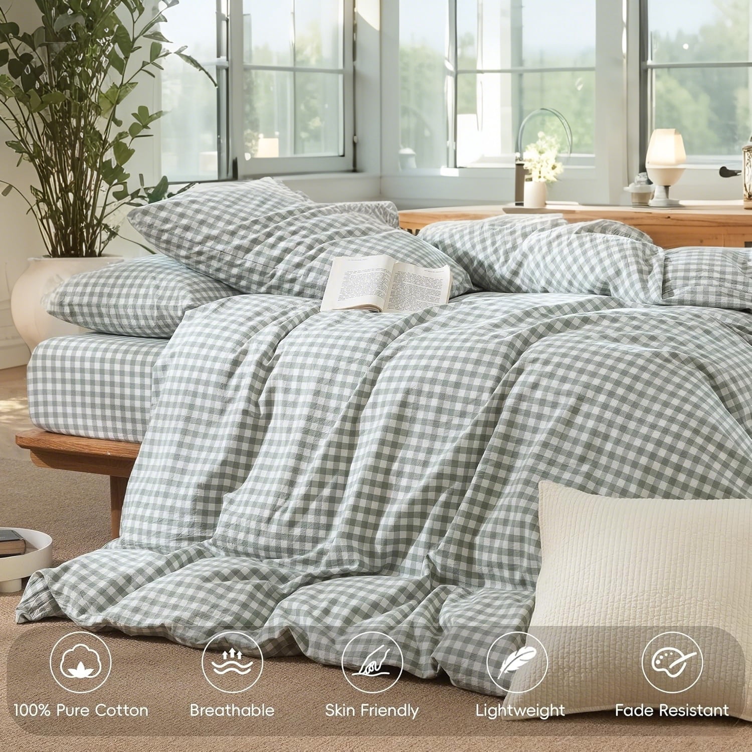 NAYOROOM 100% Organic Cotton Gingham Duvet Cover Twin Set, 2-Piece Linen Like Textured Breathable Soft Bedding Cover（Sage Green Gingham）