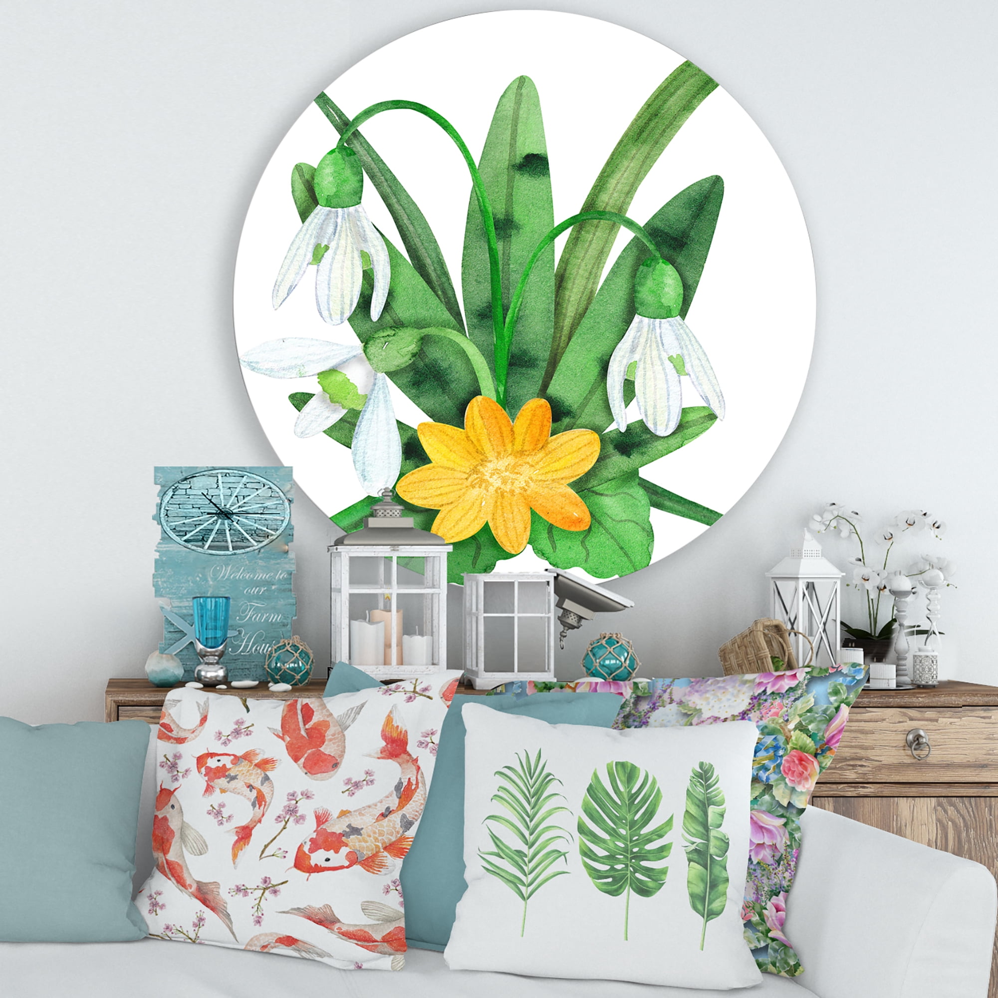 Designart 'Snowdrops and Yellow Erantis VIntage Flowers' Traditional Circle Metal Wall Art 29x29 - Disc of 29