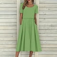 thumbnail image 2 of Ecqkame Womens Summer Casual Dress Loose Solid Color Crew Neck Short Sleeve Party Dress Pleated Hem A Line Beach Long Dress 02-Green M, 2 of 9