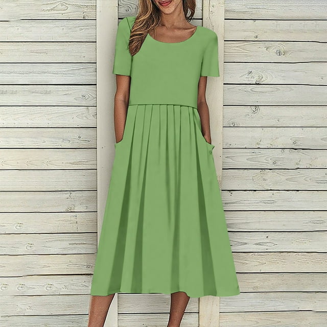 Robes à Manches Courtes Col Rond, Tenue de Fête Décontractée, Design Uni avec Poches, Style Fluide en Ligne A, Occasions Quotidiennes, Mélange de Coton Léger, Occasions Formelles Élégantes, Choix de Mode Tendance