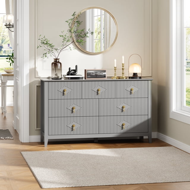 Commode Cannelée de 54 Pouces de Large à 7 Tiroirs avec Poignées Dorées, Armoire de Rangement Moderne en MDF pour Chambre, Salon, Entrée, Meuble Multimédia Polyvalent, Meuble Télé, Organisateur