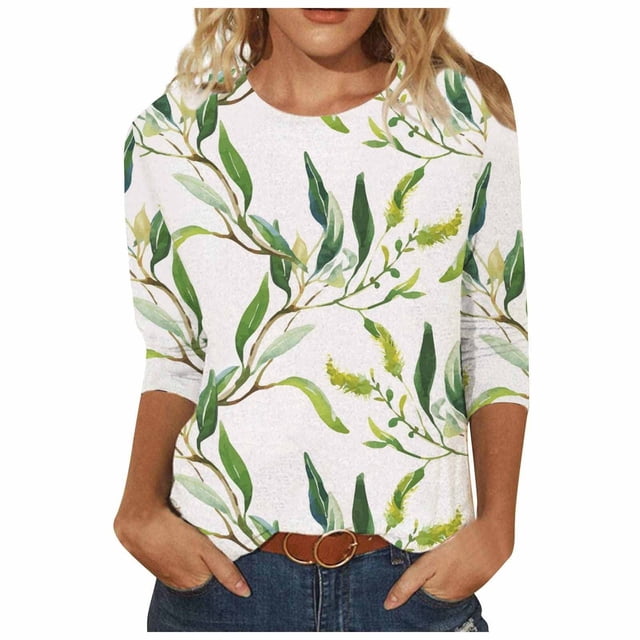Impression de Col Rond Individuellement Intelligent en Vrac Femmes Manches 3/4 95% Polyester, 5% Spandex Top (Blanc, S)