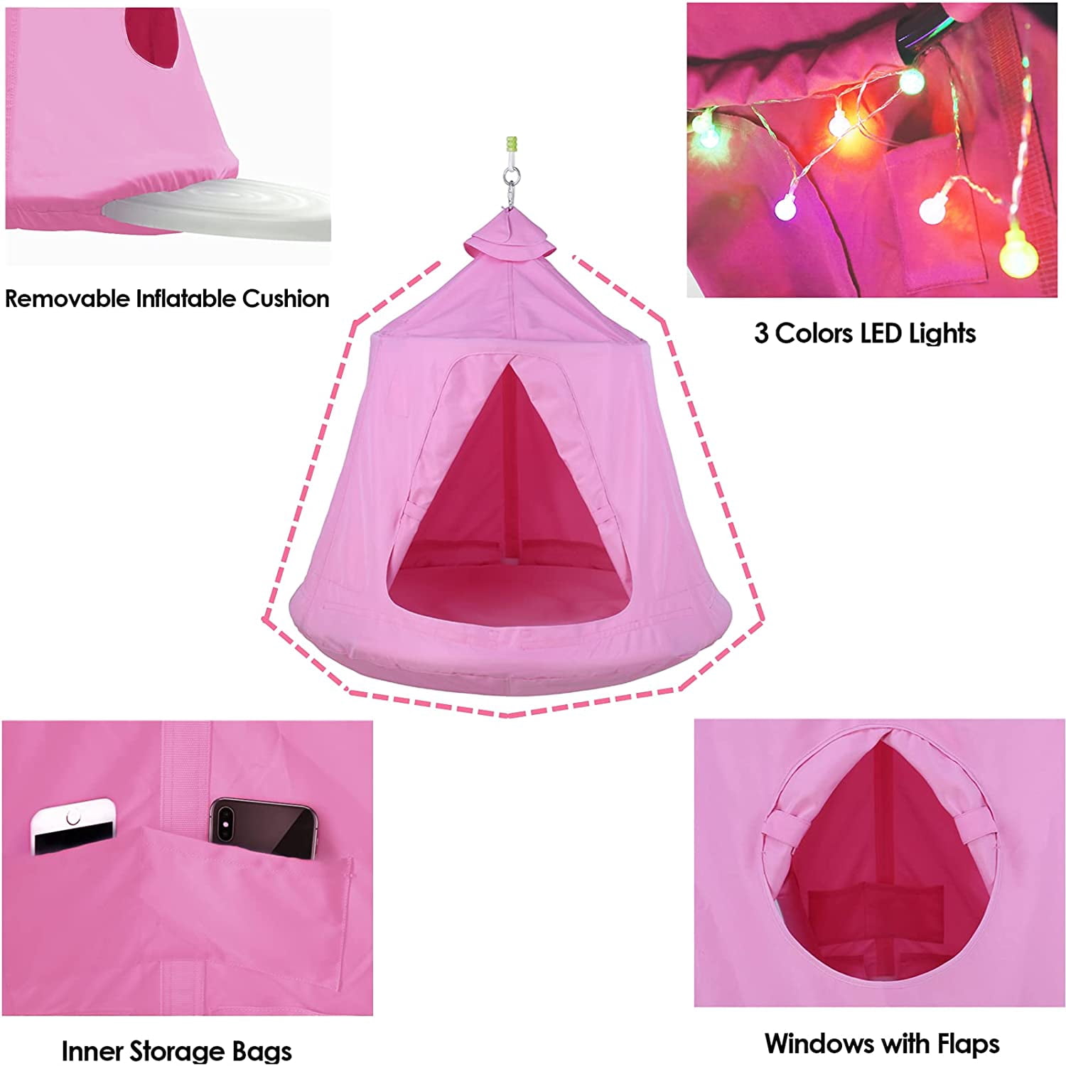 LAZY BUDDY Hammock Chair Set, Hanging Tree Tent w/ Steel Stand, Hammock X-Stand with Swing Tent, LED Lights, 330 lbs, Pink