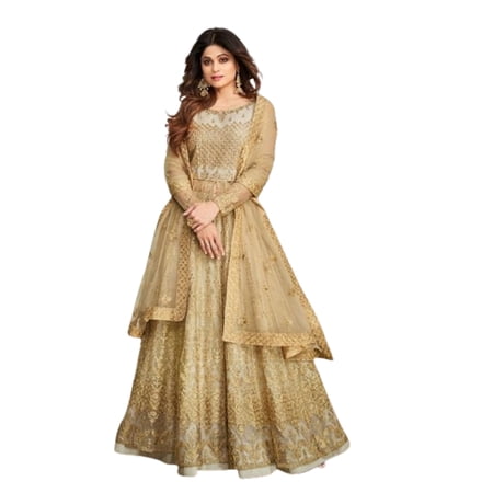 Golden Indian Woman Net Designer Embroidery Wedding Anarkali Dress