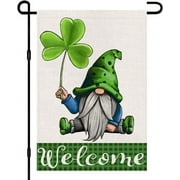 Newhomestyle St Patricks Day Gnome Garden Flag Burlap 12x18 Inch Double Sided, Green Lucky Shamrock Welcome Small Sign Farmhouse Yard Outdoor Decoration