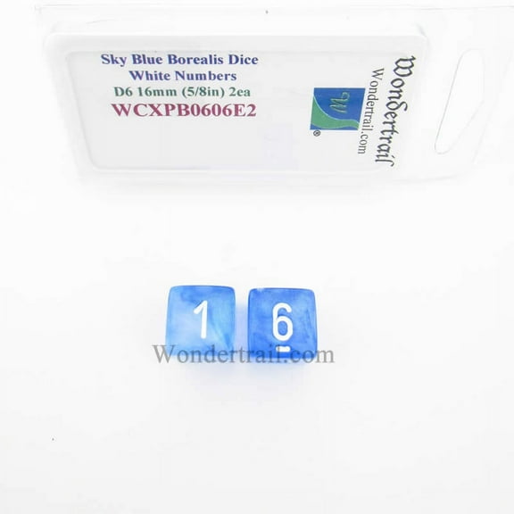 Sky Blue Borealis Dice with White Numbers D6 Aprox 16mm (5/8in) Pack of 2 Wondertrail