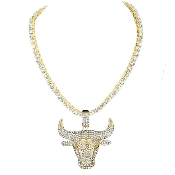 Charles Raymond Iced Out Bull Pendant on Tennis Chain for Men or Women - Bling'ed Out Hip Hop Jewelry on Blast! - Gold or Silver and Size Your Choice – TN001 Bull (Gold 16")
