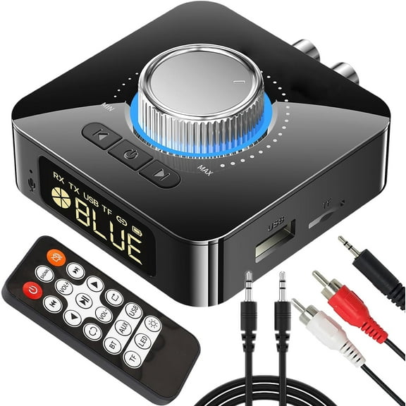 Bluetooth Audio Transmitter Receiver with Remote, 5-in-1 Bluetooth 5.0 Adapter for TV Car CD PC Home Stereo Speaker Headset, Support 3.5mm AUX, RCA, USB U Disk MP3/Micro SD TF Card Playback