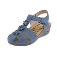 thumbnail image 2 of Xfvqtps Womens Wedge Sandals Close Toe Hollow out T-Strap Flower Decor Ankle Velcro Strap Arch Support Solid Color Soft Sole Comfortable Breathable Casual Summer Leather Walking Sandals Blue, 2 of 9