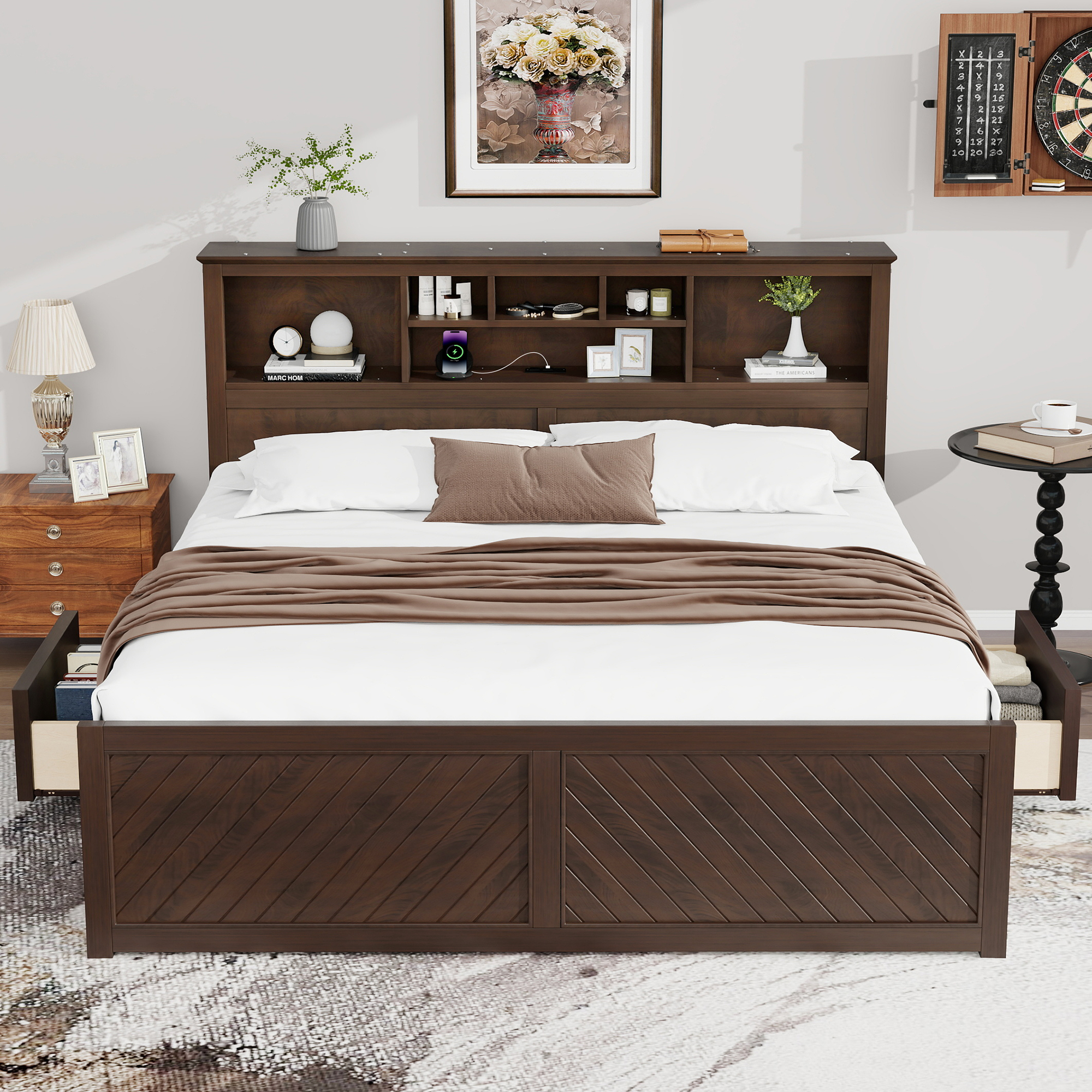 Euroco Wood King Size Platform Bed with Storage Headboard, Drawers and USB Charging Station, Wood