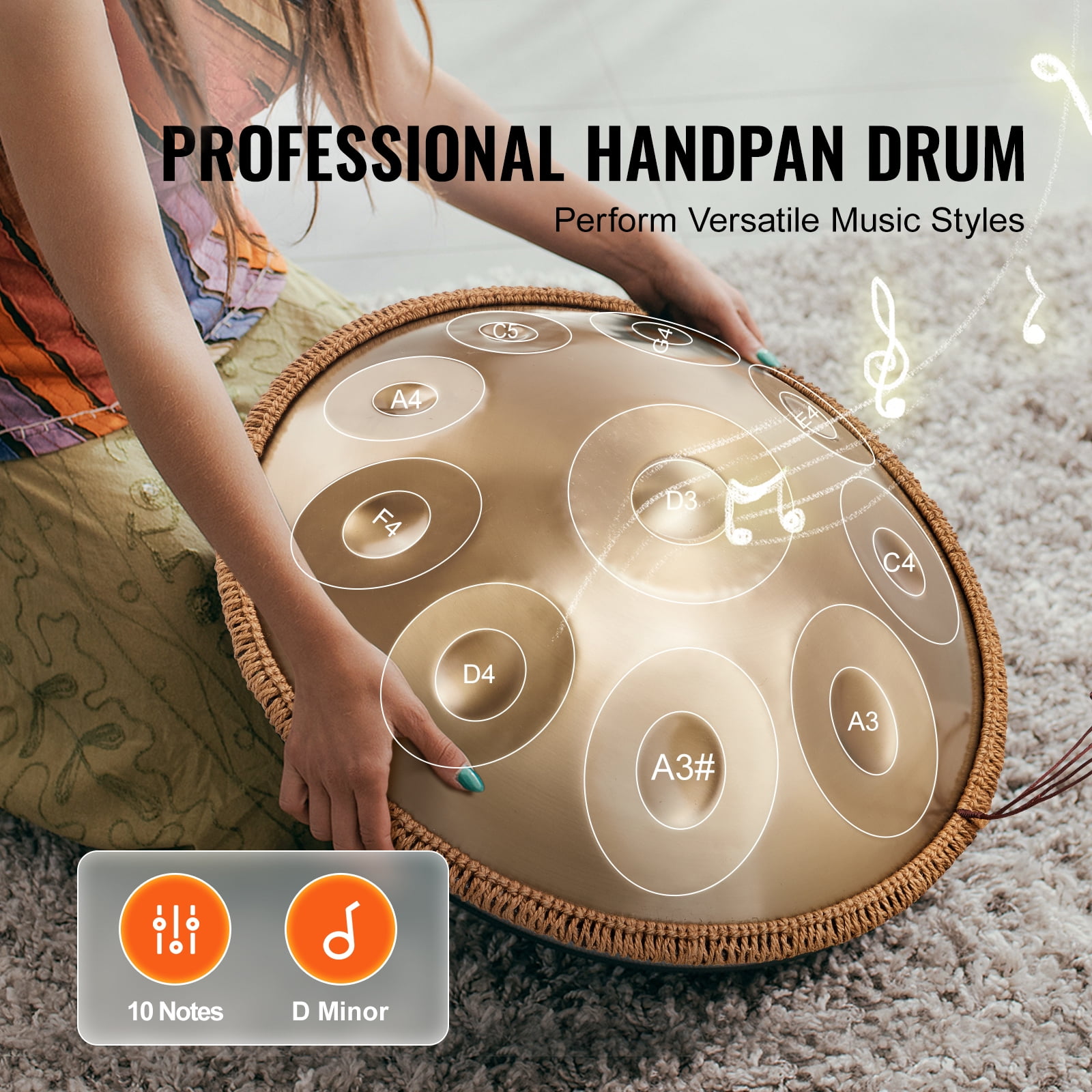 KFFKFF Percussion Drum, 22 inches & 10 Tones, D Minor Scale Drum, Percussion Instrument with Drumsticks, 432Hz KFFKFF Stand & Transport Case, Steel Therapeutic Tone Drum