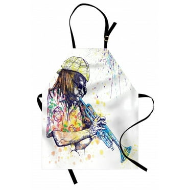 Jazz Music Apron Illustration of Trumpeter with Paint Splashes at the Background Entertainment, Unisex Kitchen Bib Apron with Adjustable Neck for Cooking Baking Gardening, Purple Yellow, by Ambesonne