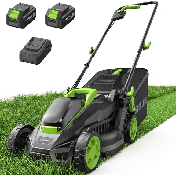 13-inch Cordless Lawn Mower 20V Brushless with 2 x 4.0Ah Batteries & Charger, 5-Position Height 0.98"–2.56", 8-Gallon Grass Bag, Battery Powered Model DG500-2 Pistachio