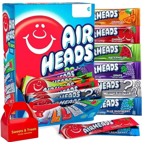 Airheads Chewy Taffy Candy Bars Variety Pack, 90 Count (0.55 oz Each), Bulk 3 lb Bag, Assorted Fruit Flavors, Individually Wrapped.