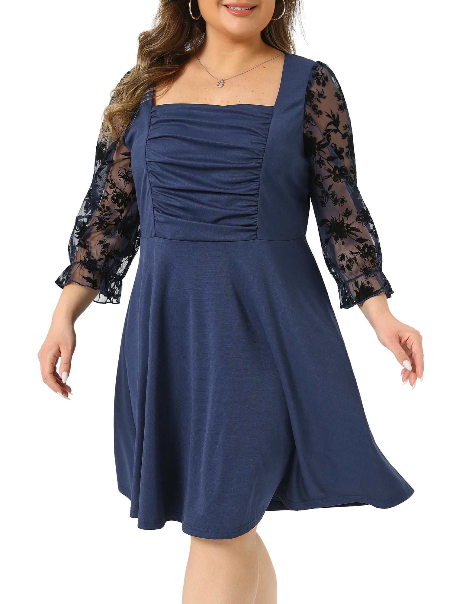 DARING DIVA Plus Women's Size Square Neck Floral Mesh Long Sleeves Dress 4X Dark Blue