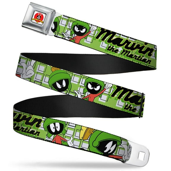 Looney Tunes Belt, Seatbelt Buckle Belt, Marvin the Martian Poses White Green, Youth 22 to 32 Inches